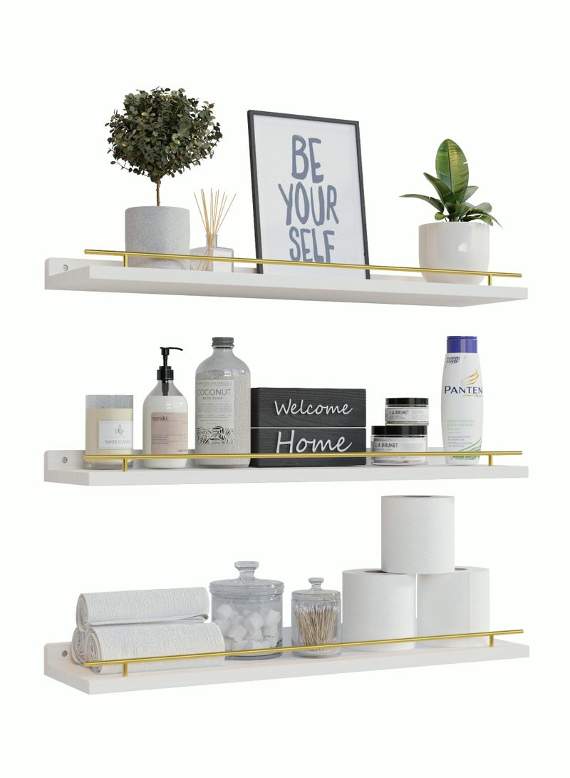 Floating Shelves with Gold Metal Guardrail Shelves for Wall Decor Set of 4 Wall Shelves for Bedroom Bathroom Kitchen Living Room Plants Picture Frames Art- White and Gold