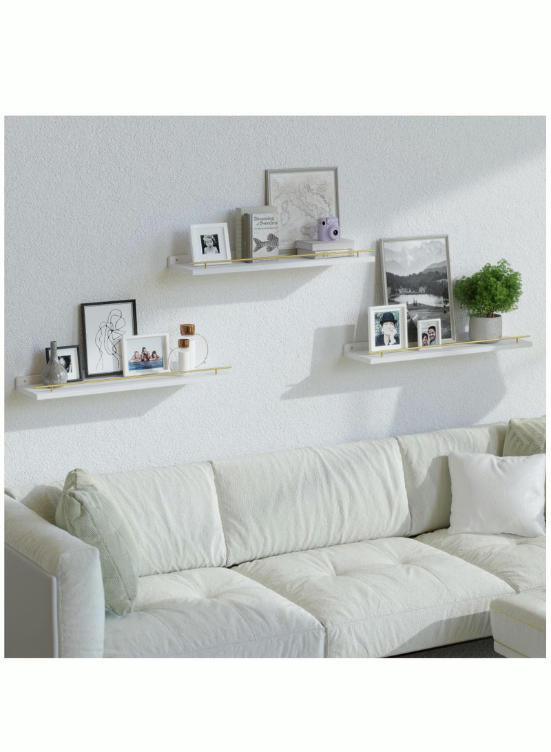 Floating Shelves with Gold Metal Guardrail Shelves for Wall Decor Set of 4 Wall Shelves for Bedroom Bathroom Kitchen Living Room Plants Picture Frames Art- White and Gold