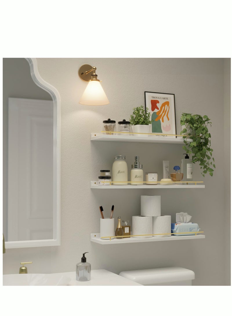 Floating Shelves with Gold Metal Guardrail Shelves for Wall Decor Set of 4 Wall Shelves for Bedroom Bathroom Kitchen Living Room Plants Picture Frames Art- White and Gold