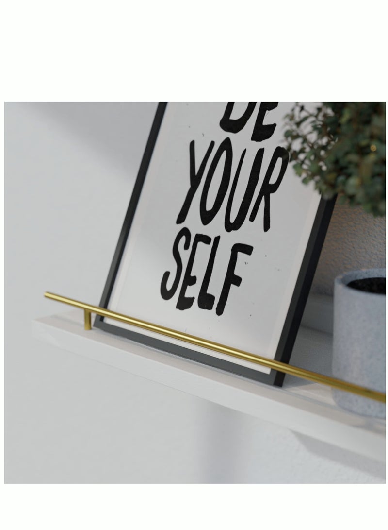 Floating Shelves with Gold Metal Guardrail Shelves for Wall Decor Set of 4 Wall Shelves for Bedroom Bathroom Kitchen Living Room Plants Picture Frames Art- White and Gold