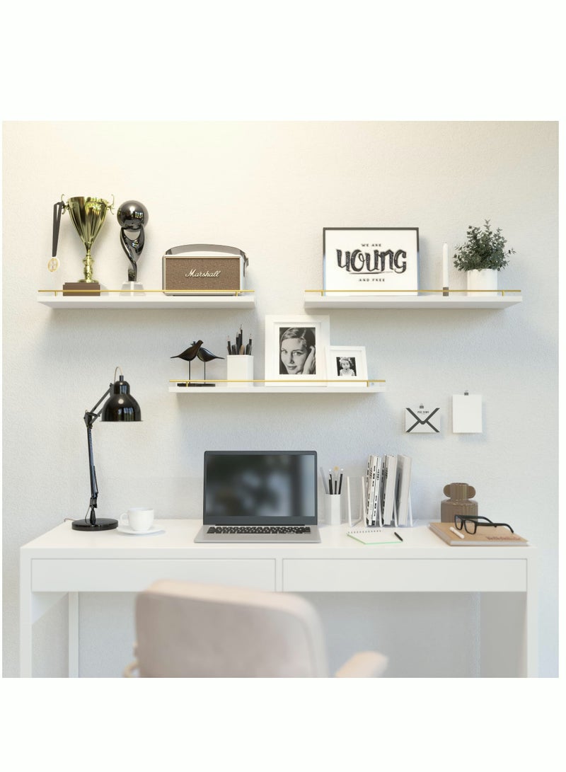 Floating Shelves with Gold Metal Guardrail Shelves for Wall Decor Set of 4 Wall Shelves for Bedroom Bathroom Kitchen Living Room Plants Picture Frames Art- White and Gold