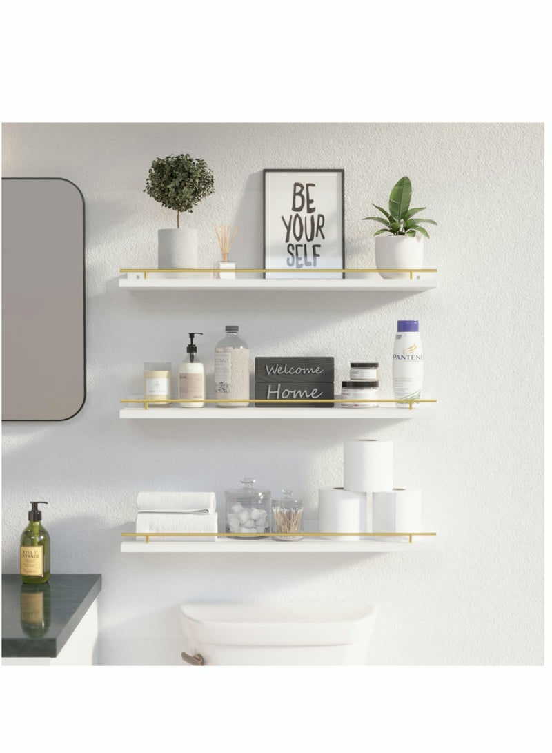 Floating Shelves with Gold Metal Guardrail Shelves for Wall Decor Set of 4 Wall Shelves for Bedroom Bathroom Kitchen Living Room Plants Picture Frames Art- White and Gold