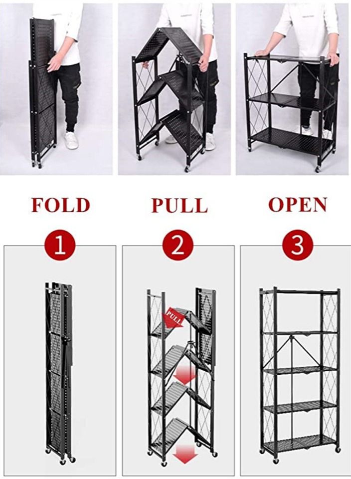 MultiShelf Foldable Storage Shelves for Garage Kitchen Home Closet, Metal Wire, Collapsible on 4 Wheel Casters, Metal Organizer Wire Rack
