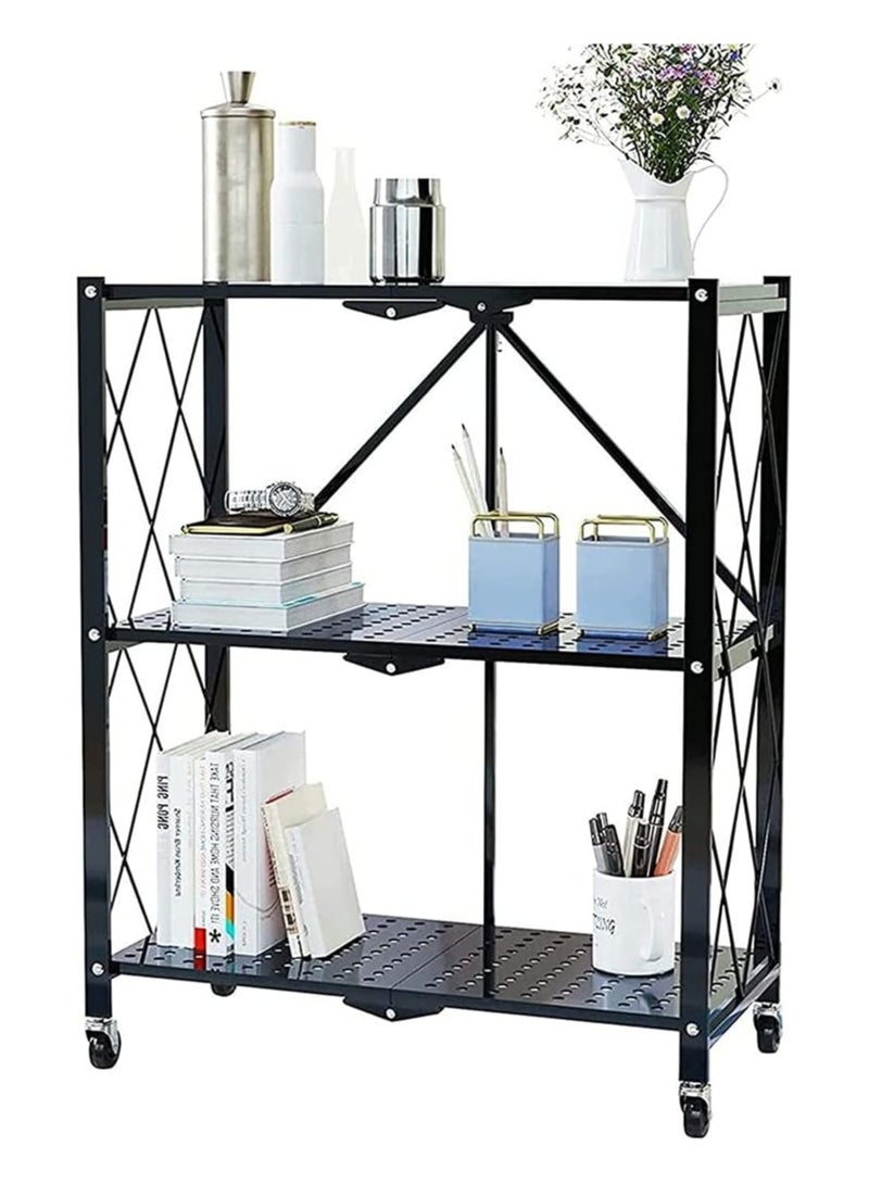 3Tier Foldable Standing Storage Rack Shelf Unit With Wheel for Kitchen Garage Home Closet Office Heavy Duty Shelves  Black