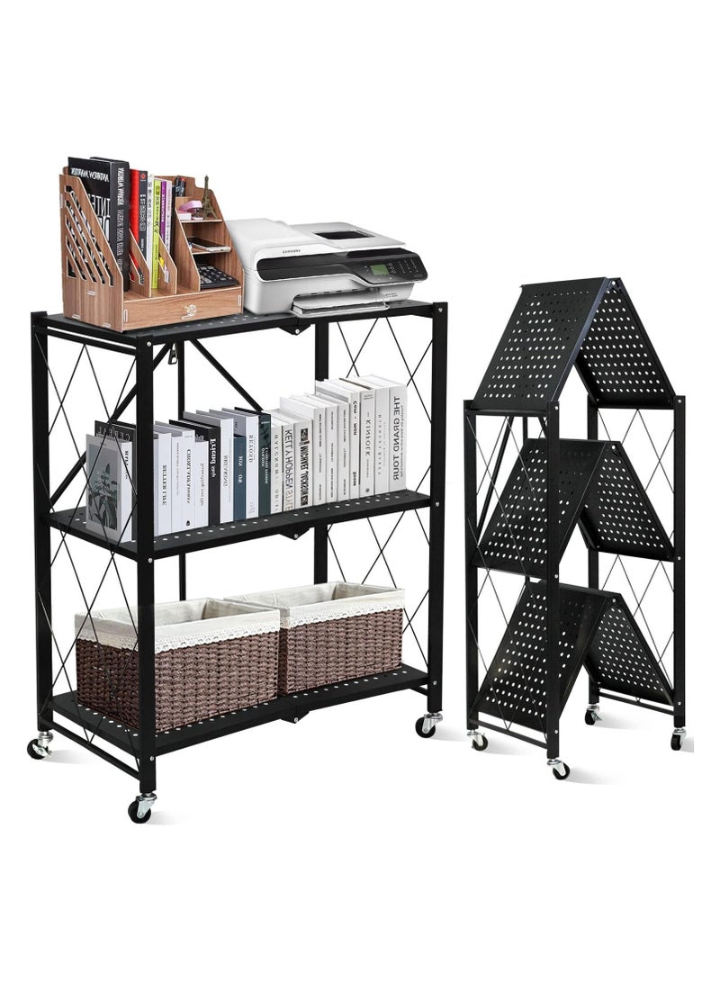 3Tier Foldable Standing Storage Rack Shelf Unit With Wheel for Kitchen Garage Home Closet Office Heavy Duty Shelves  Black