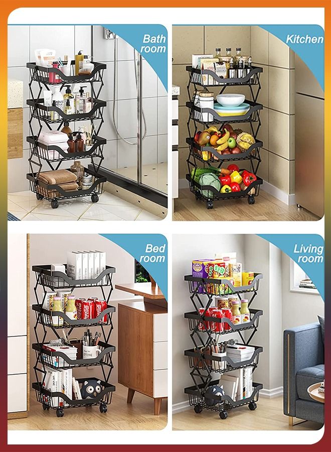 5 Tiers Foldable Pantry Basket Fruit Vegetable Layers Storage Collapsible Rolling Utility Cart For Kitchen Onions Potatoes Snacks Bathroom Garage Organizer with Wheels Onion Potatoes Snacks