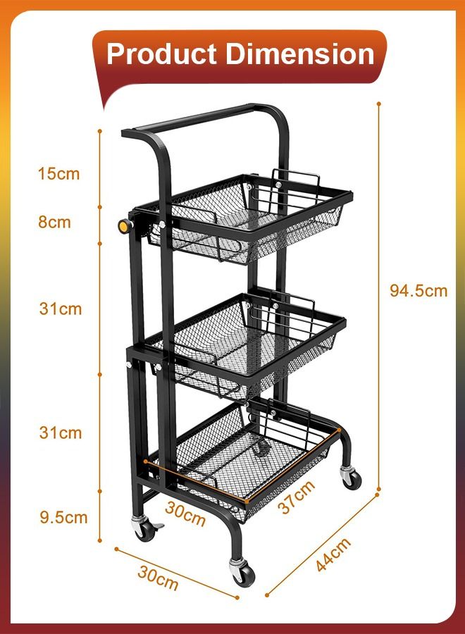 3 Tier Deformable  Rolling Metal Utility Cart Basket 90 to 180 Degree Angle Adjustable 180 Degree Rotating Kitchen Bathroom Shelf Trolley Layers Storage Organizer Shelving Rack For Fruit Vegetable
