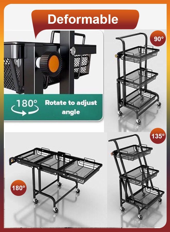 3 Tier Deformable  Rolling Metal Utility Cart Basket 90 to 180 Degree Angle Adjustable 180 Degree Rotating Kitchen Bathroom Shelf Trolley Layers Storage Organizer Shelving Rack For Fruit Vegetable