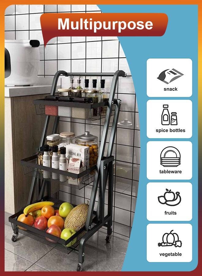 3 Tier Deformable  Rolling Metal Utility Cart Basket 90 to 180 Degree Angle Adjustable 180 Degree Rotating Kitchen Bathroom Shelf Trolley Layers Storage Organizer Shelving Rack For Fruit Vegetable