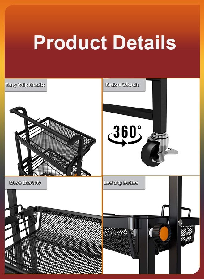 3 Tier Deformable  Rolling Metal Utility Cart Basket 90 to 180 Degree Angle Adjustable 180 Degree Rotating Kitchen Bathroom Shelf Trolley Layers Storage Organizer Shelving Rack For Fruit Vegetable