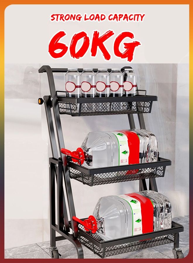 3 Tier Deformable  Rolling Metal Utility Cart Basket 90 to 180 Degree Angle Adjustable 180 Degree Rotating Kitchen Bathroom Shelf Trolley Layers Storage Organizer Shelving Rack For Fruit Vegetable