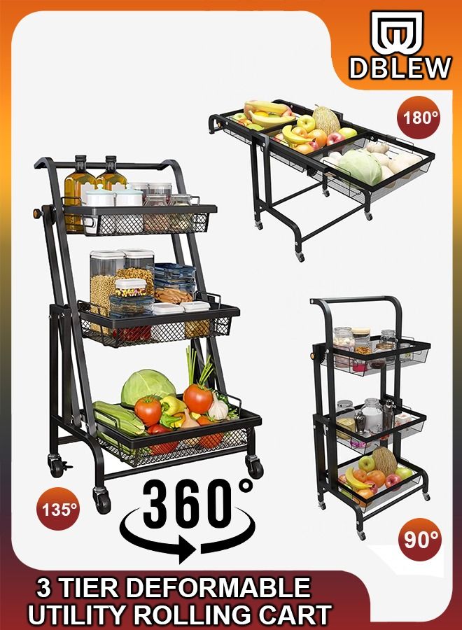 3 Tier Deformable  Rolling Metal Utility Cart Basket 90 to 180 Degree Angle Adjustable 180 Degree Rotating Kitchen Bathroom Shelf Trolley Layers Storage Organizer Shelving Rack For Fruit Vegetable