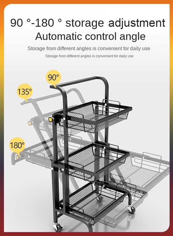 3 Tier Deformable  Rolling Metal Utility Cart Basket 90 to 180 Degree Angle Adjustable 180 Degree Rotating Kitchen Bathroom Shelf Trolley Layers Storage Organizer Shelving Rack For Fruit Vegetable