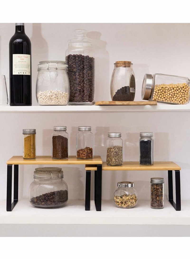 2-Pcs Counter Shelves Organizer Kitchen Stackable Expandable Cabinet Shelf - Wood Organizer Expandable CounterTop Racks For Office Bathroom  Bedroom Metal and Bamboo