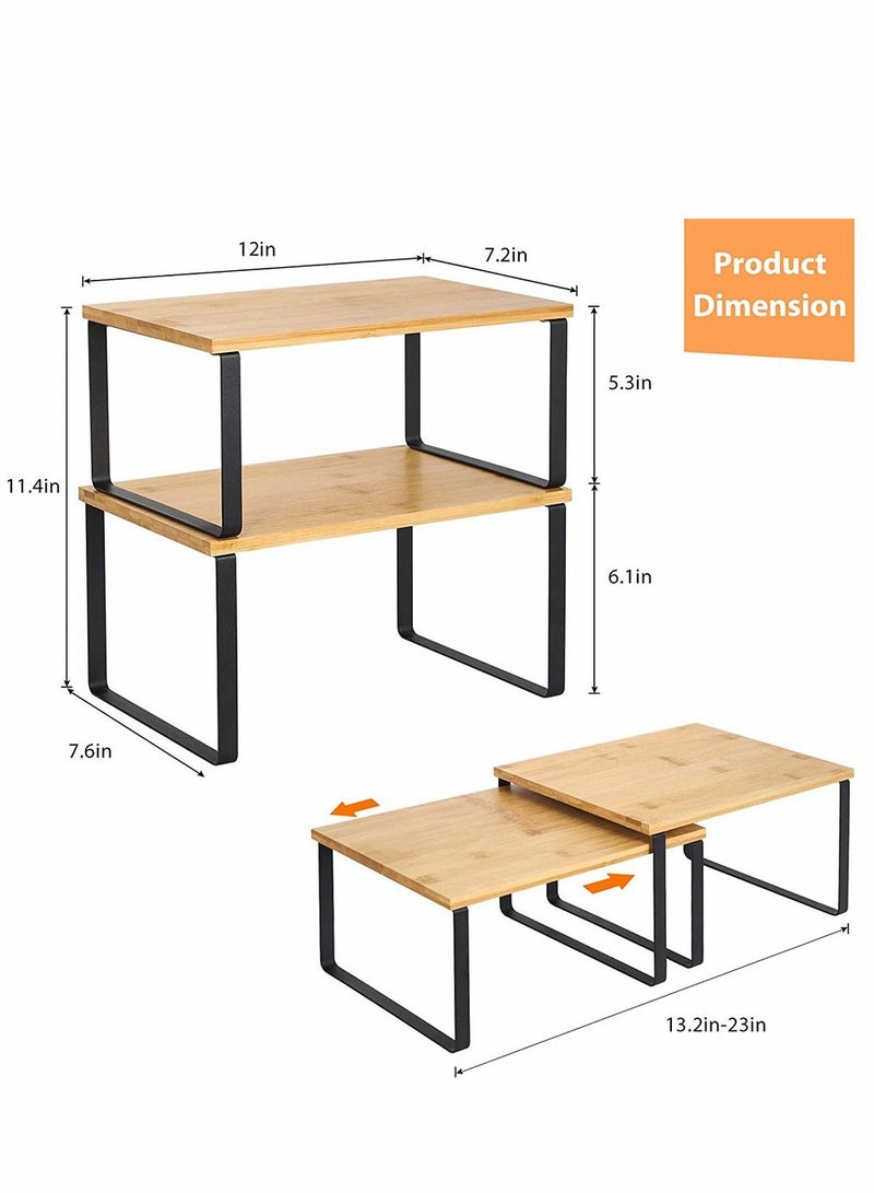 2-Pcs Counter Shelves Organizer Kitchen Stackable Expandable Cabinet Shelf - Wood Organizer Expandable CounterTop Racks For Office Bathroom  Bedroom Metal and Bamboo