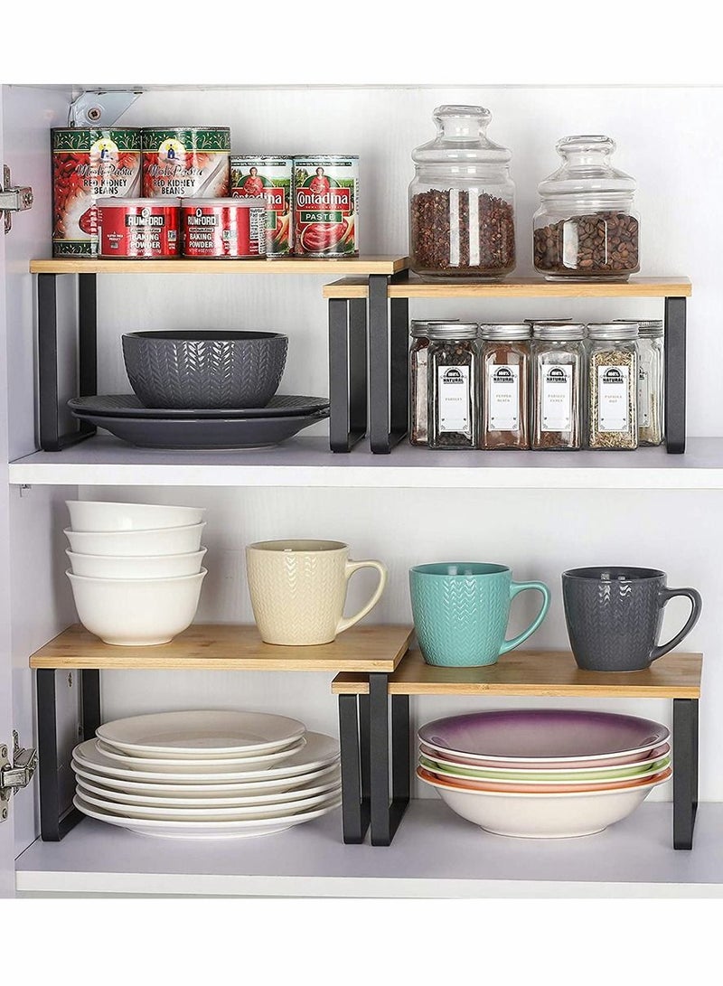 2-Pcs Counter Shelves Organizer Kitchen Stackable Expandable Cabinet Shelf - Wood Organizer Expandable CounterTop Racks For Office Bathroom  Bedroom Metal and Bamboo