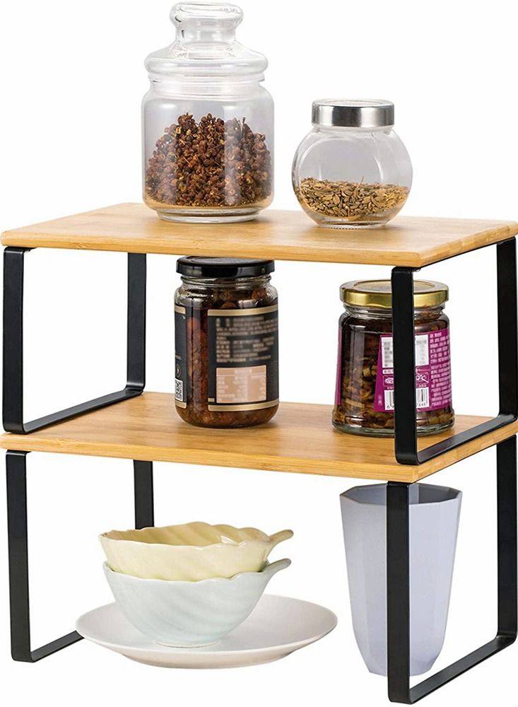 2-Pcs Counter Shelves Organizer Kitchen Stackable Expandable Cabinet Shelf - Wood Organizer Expandable CounterTop Racks For Office Bathroom  Bedroom Metal and Bamboo