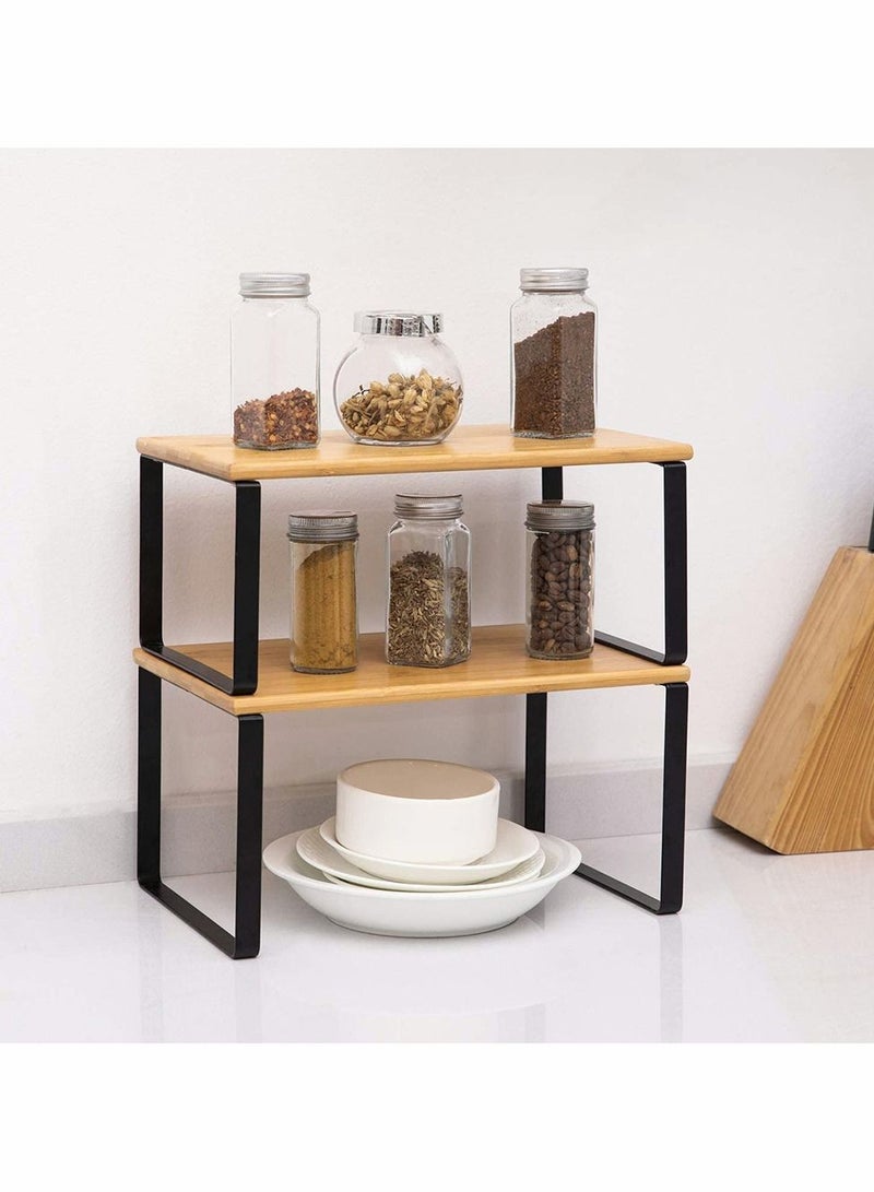2-Pcs Counter Shelves Organizer Kitchen Stackable Expandable Cabinet Shelf - Wood Organizer Expandable CounterTop Racks For Office Bathroom  Bedroom Metal and Bamboo