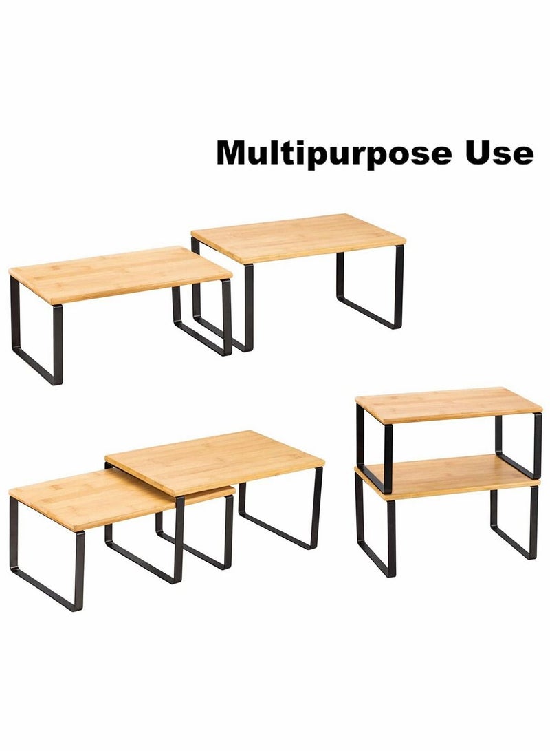 2-Pcs Counter Shelves Organizer Kitchen Stackable Expandable Cabinet Shelf - Wood Organizer Expandable CounterTop Racks For Office Bathroom  Bedroom Metal and Bamboo