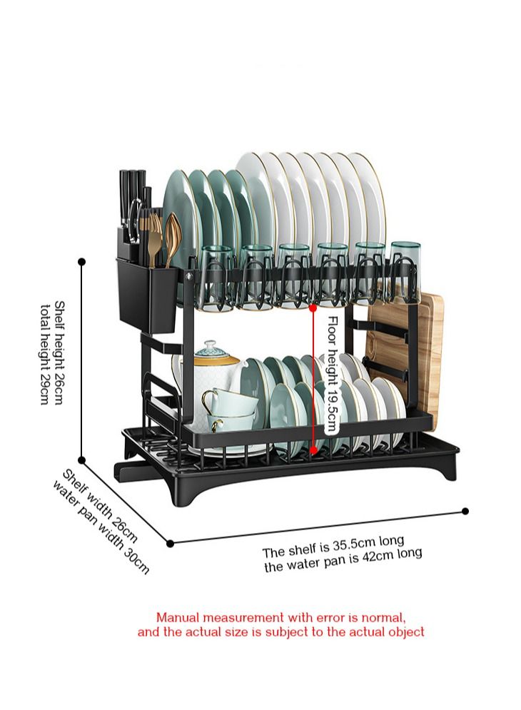 2 Tier Foldable Dish Drying Rack with Utensil Holder & Cutting Board Holder & Drainboard Tray, Rotatable Drainage System Scratch Resistant Frosted Baking Process Coatings, Large Black UK86279