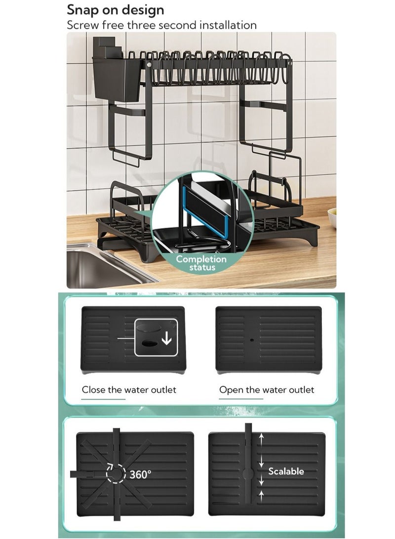 2 Tier Foldable Dish Drying Rack with Utensil Holder & Cutting Board Holder & Drainboard Tray, Rotatable Drainage System Scratch Resistant Frosted Baking Process Coatings, Large Black UK86279