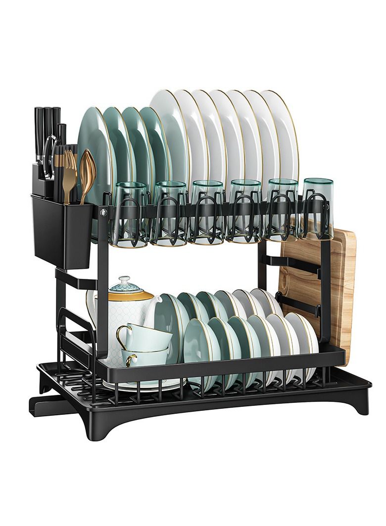 2 Tier Foldable Dish Drying Rack with Utensil Holder & Cutting Board Holder & Drainboard Tray, Rotatable Drainage System Scratch Resistant Frosted Baking Process Coatings, Large Black UK86279