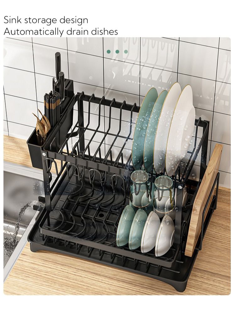 2 Tier Foldable Dish Drying Rack with Utensil Holder & Cutting Board Holder & Drainboard Tray, Rotatable Drainage System Scratch Resistant Frosted Baking Process Coatings, Large Black UK86279