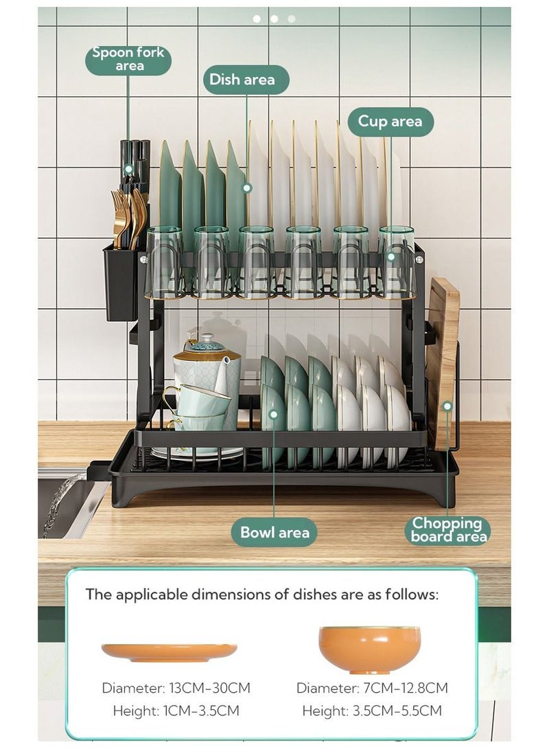 2 Tier Foldable Dish Drying Rack with Utensil Holder & Cutting Board Holder & Drainboard Tray, Rotatable Drainage System Scratch Resistant Frosted Baking Process Coatings, Large Black UK86279