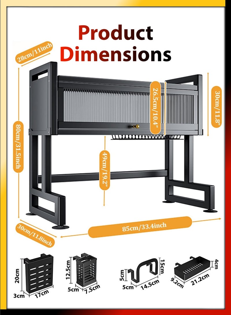 Double Layer 2 Tier Over The Sink Dish Drying Stand Drainer Organizer Storage Rack With Dustproof Door Kitchen Countertop Cutlery Storage Organizer Utensil Plate Holder Drain Bracket Shelf 85cm