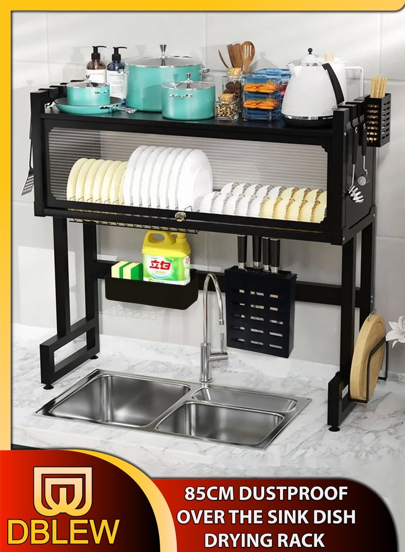 Double Layer 2 Tier Over The Sink Dish Drying Stand Drainer Organizer Storage Rack With Dustproof Door Kitchen Countertop Cutlery Storage Organizer Utensil Plate Holder Drain Bracket Shelf 85cm