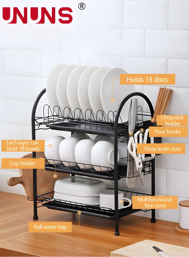 Large Dish Drying Rack, 3 Tier Dish Rack with Tray Utensil Holder & Cup Holders, Large Capacity Rustproof Dish Drainer, Drain Board Tray for Kitchen Counter Organizer Storage for Kitchen Counter