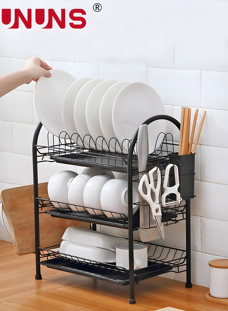 Large Dish Drying Rack, 3 Tier Dish Rack with Tray Utensil Holder & Cup Holders, Large Capacity Rustproof Dish Drainer, Drain Board Tray for Kitchen Counter Organizer Storage for Kitchen Counter