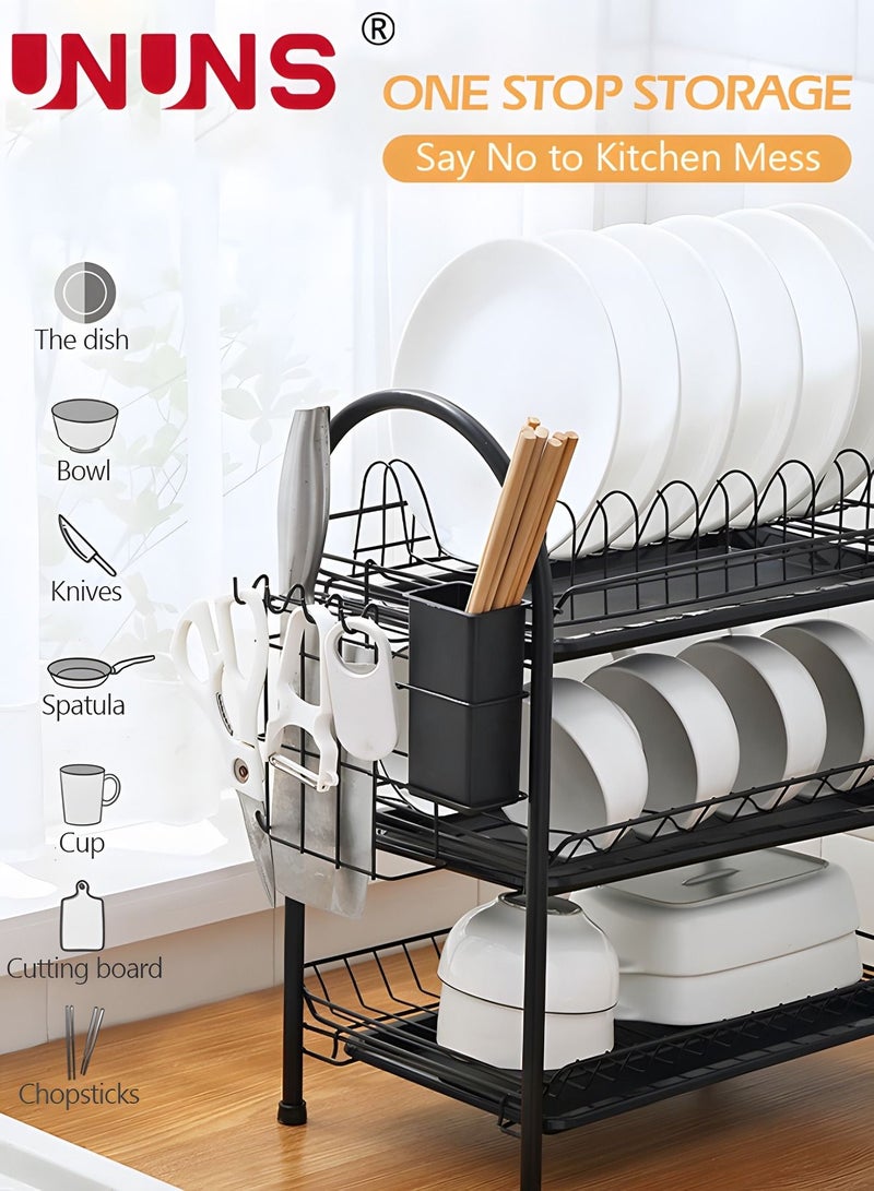 Large Dish Drying Rack, 3 Tier Dish Rack with Tray Utensil Holder & Cup Holders, Large Capacity Rustproof Dish Drainer, Drain Board Tray for Kitchen Counter Organizer Storage for Kitchen Counter