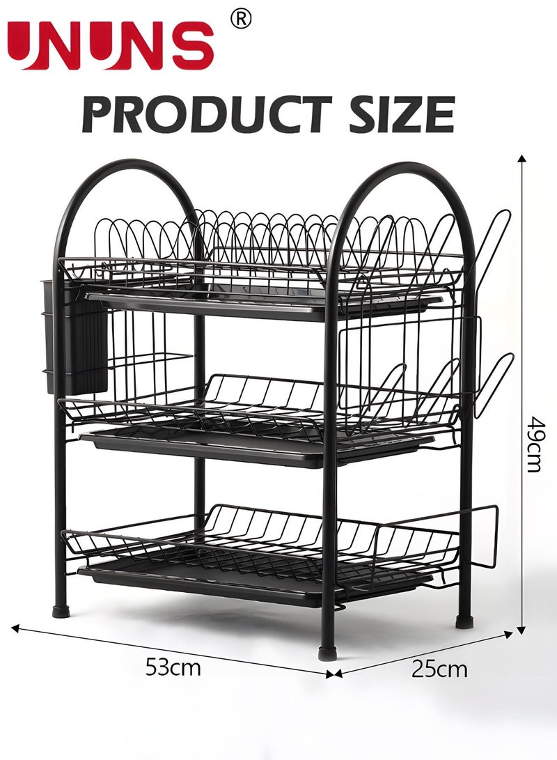 Large Dish Drying Rack, 3 Tier Dish Rack with Tray Utensil Holder & Cup Holders, Large Capacity Rustproof Dish Drainer, Drain Board Tray for Kitchen Counter Organizer Storage for Kitchen Counter