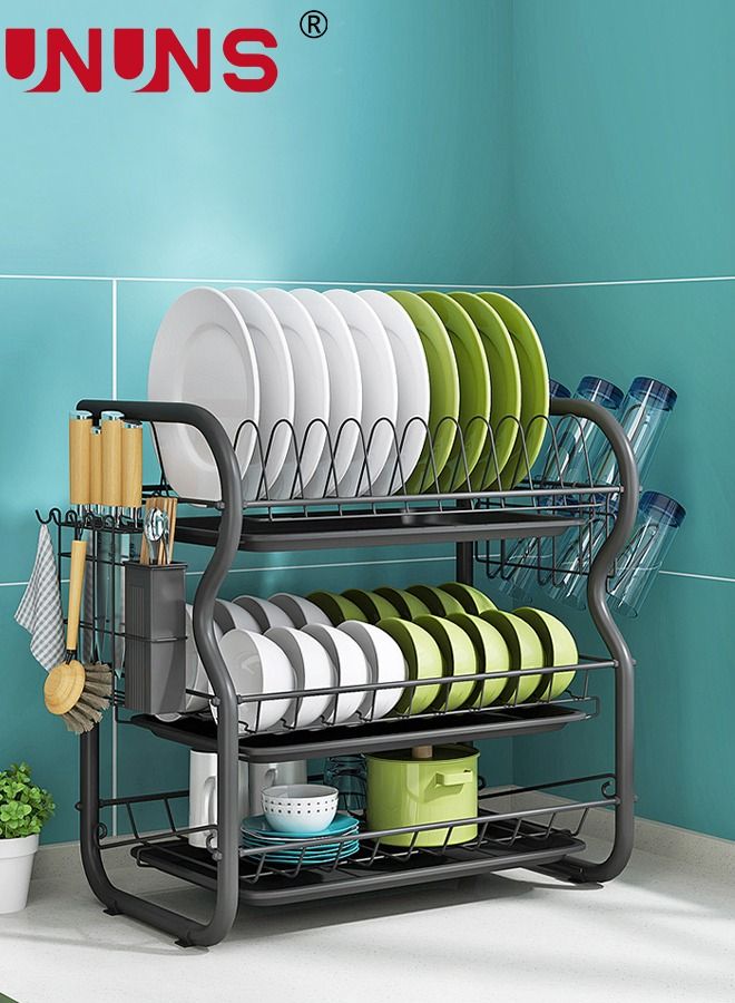 Large Dish Drying Rack, 3 Tier Dish Rack with Tray Utensil Holder & Cup Holders, Large Capacity Rustproof Dish Drainer, Drain Board Tray for Kitchen Counter Organizer Storage for Kitchen Counter