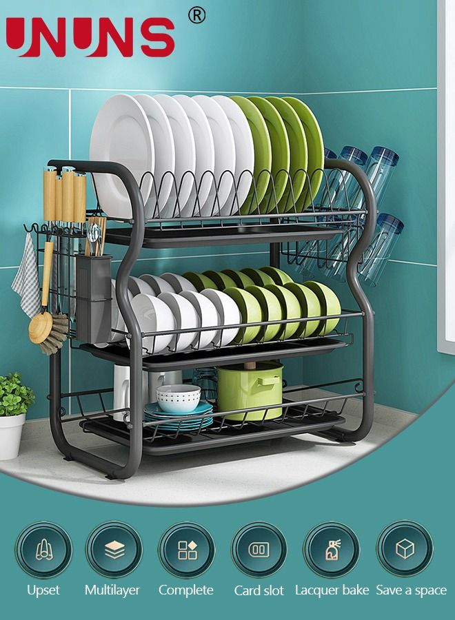 Large Dish Drying Rack, 3 Tier Dish Rack with Tray Utensil Holder & Cup Holders, Large Capacity Rustproof Dish Drainer, Drain Board Tray for Kitchen Counter Organizer Storage for Kitchen Counter