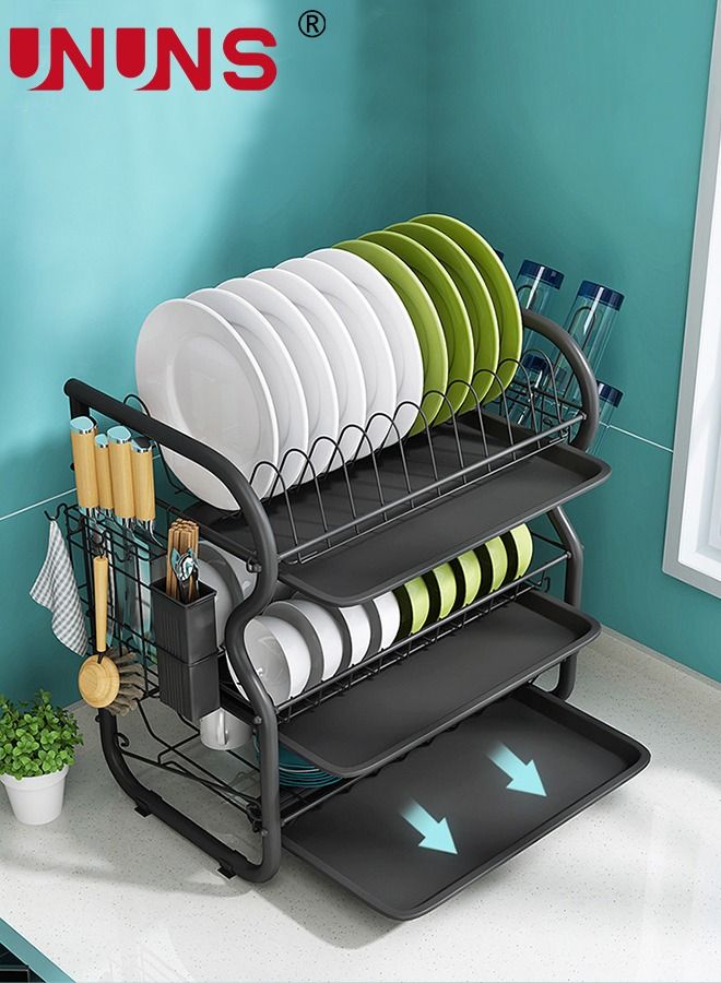 Large Dish Drying Rack, 3 Tier Dish Rack with Tray Utensil Holder & Cup Holders, Large Capacity Rustproof Dish Drainer, Drain Board Tray for Kitchen Counter Organizer Storage for Kitchen Counter