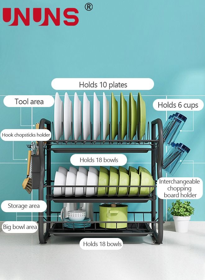 Large Dish Drying Rack, 3 Tier Dish Rack with Tray Utensil Holder & Cup Holders, Large Capacity Rustproof Dish Drainer, Drain Board Tray for Kitchen Counter Organizer Storage for Kitchen Counter