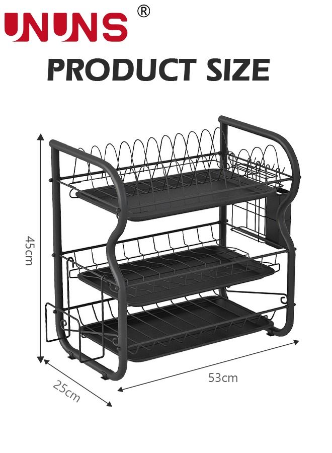 Large Dish Drying Rack, 3 Tier Dish Rack with Tray Utensil Holder & Cup Holders, Large Capacity Rustproof Dish Drainer, Drain Board Tray for Kitchen Counter Organizer Storage for Kitchen Counter