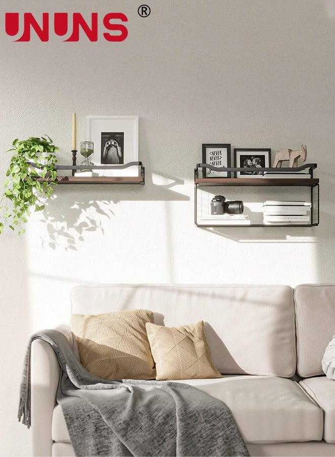 Floating Shelves,Bathroom Shelves Over Toilet With Wire Storage Basket,Wood Wall Shelves With Protective Metal Guardrail