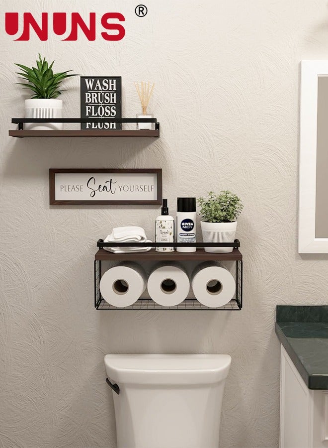 Floating Shelves,Bathroom Shelves Over Toilet With Wire Storage Basket,Wood Wall Shelves With Protective Metal Guardrail