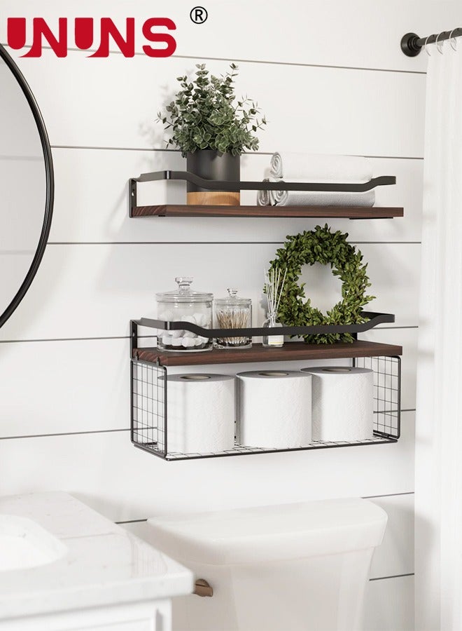 Floating Shelves,Bathroom Shelves Over Toilet With Wire Storage Basket,Wood Wall Shelves With Protective Metal Guardrail