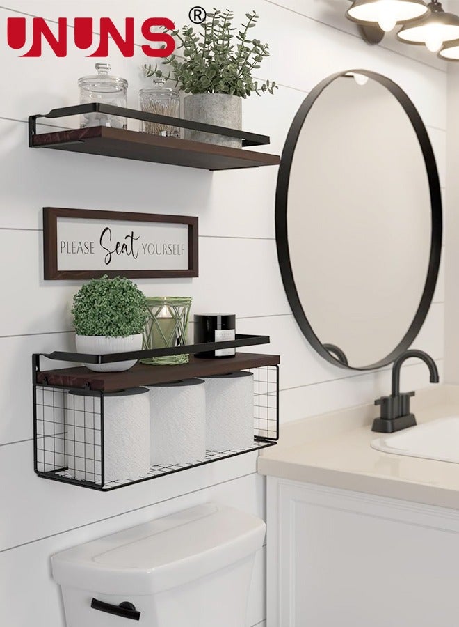 Floating Shelves,Bathroom Shelves Over Toilet With Wire Storage Basket,Wood Wall Shelves With Protective Metal Guardrail