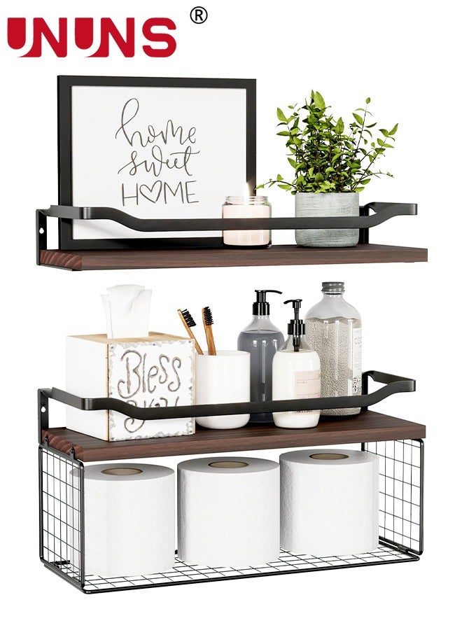 Floating Shelves,Bathroom Shelves Over Toilet With Wire Storage Basket,Wood Wall Shelves With Protective Metal Guardrail