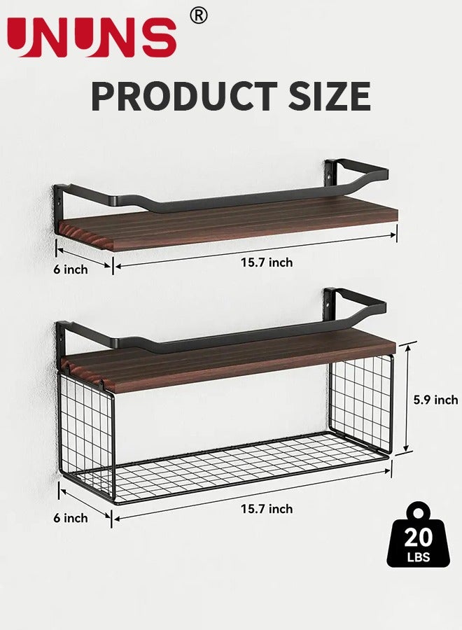 Floating Shelves,Bathroom Shelves Over Toilet With Wire Storage Basket,Wood Wall Shelves With Protective Metal Guardrail