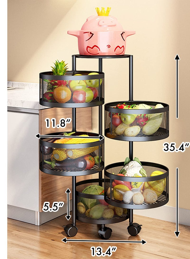 COOLBABY Round Rotating Multi-Layer Kitchen Storage Shelf 5 Tier Fruit Vegetable Storage Basket Kitchen Storage Rack Floor Standing
