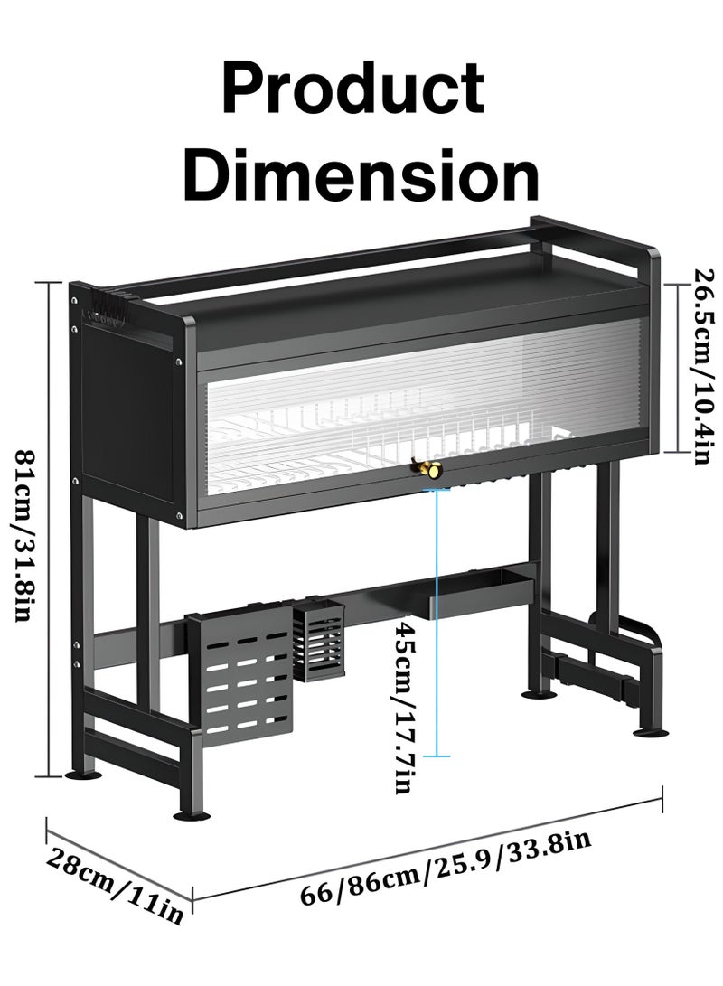 2-Tier Over-The-Sink Dish Drying Rack with Translucent Door – Efficient Kitchen Organizer and Utensil Storage – 85cm Length, 100kg Capacity