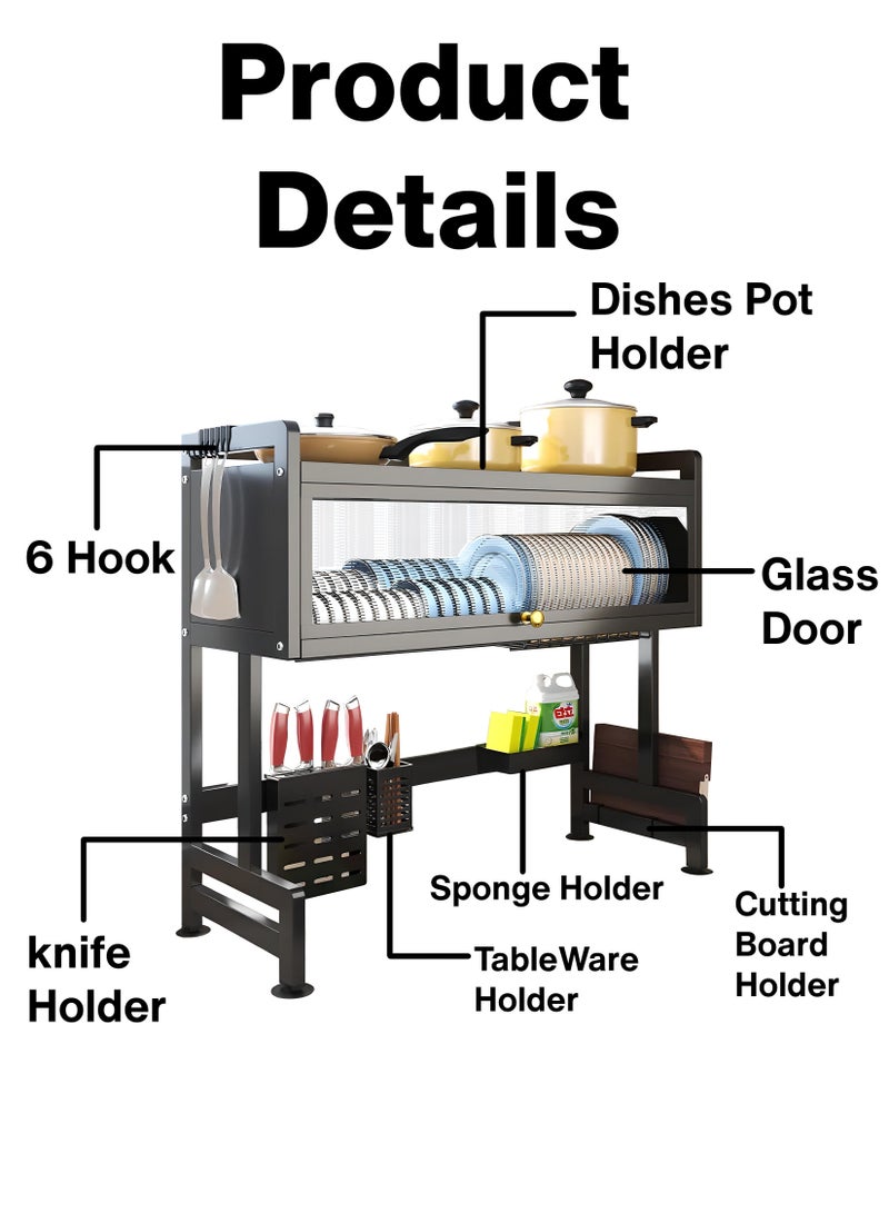 2-Tier Over-The-Sink Dish Drying Rack with Translucent Door – Efficient Kitchen Organizer and Utensil Storage – 85cm Length, 100kg Capacity