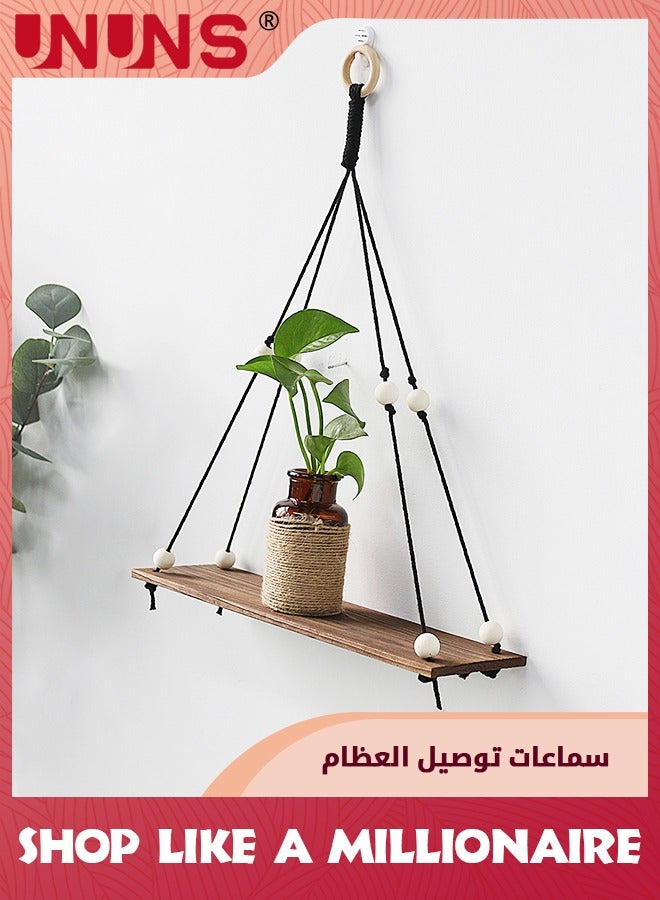2 Pack Wooden Wall Hanging Shelves,Macrame Hanging Plant Shelf Boho,Handmade Rustic Hanger Planter Rack,Storage Floating Shelves