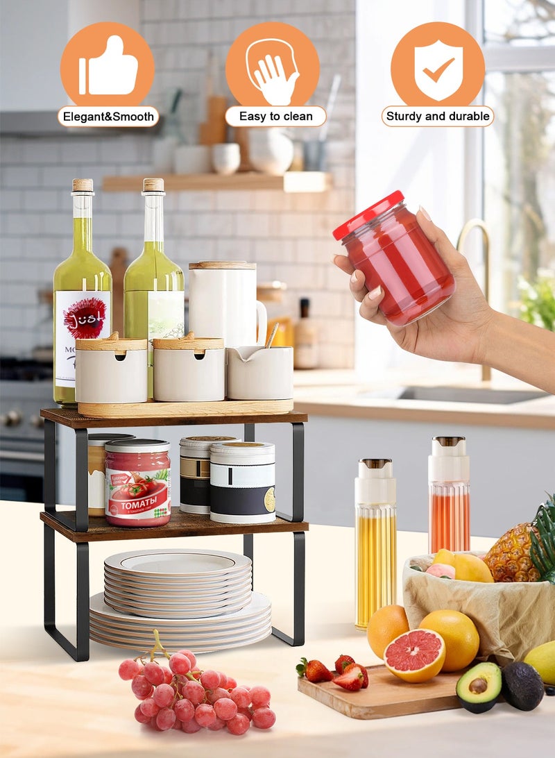 Cabinet Organizer Shelf Set of 2 Kitchen Counter Shelves Kitchen Storage Spice Rack Stackable Expandable Metal and Engineered Wood Brown and Black